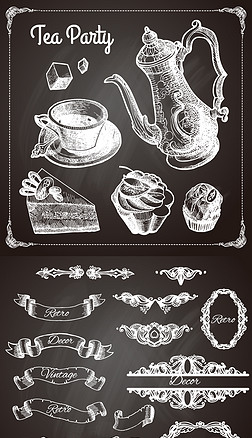 黑白欧美复古西餐厅咖啡厅黑板报插画矢量素材