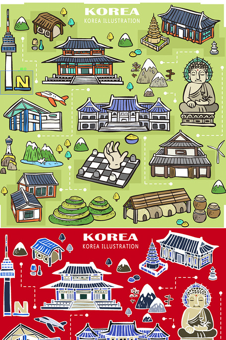 韩国旅游时尚手绘地图韩国景点元素矢.