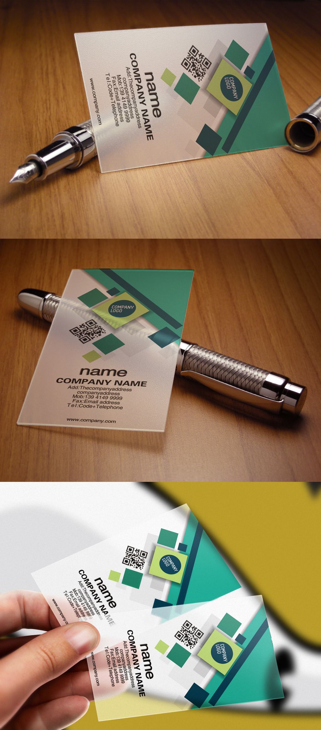 简洁大气绿色商业格子抽象透明名片设计