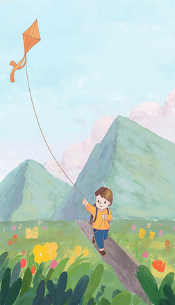 春天放风筝的小男孩插画