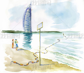 Watercolor people on beach over sailboat on water surface