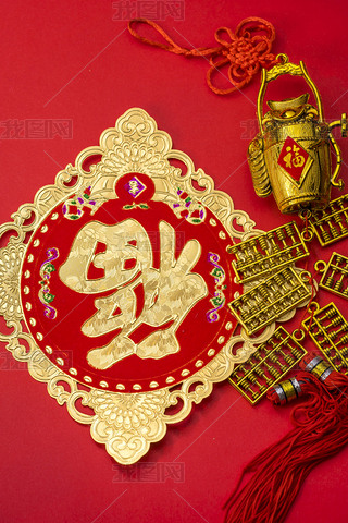 Chinese new year decorations and Auspicious ornaments on red bac