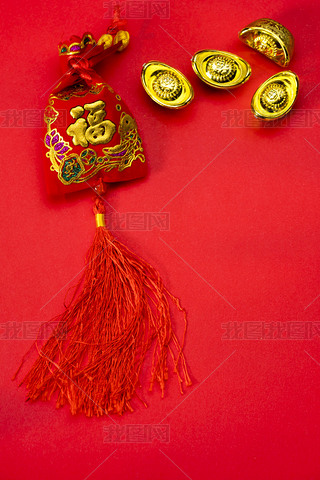 Chinese new year decorations and Auspicious ornaments on red bac