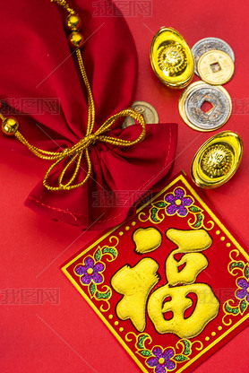 Chinese new year decorations and Auspicious ornaments on red bac