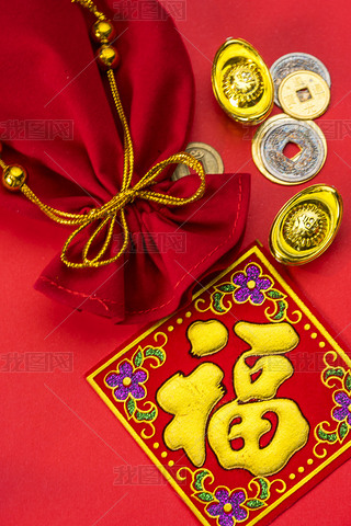 Chinese new year decorations and Auspicious ornaments on red bac