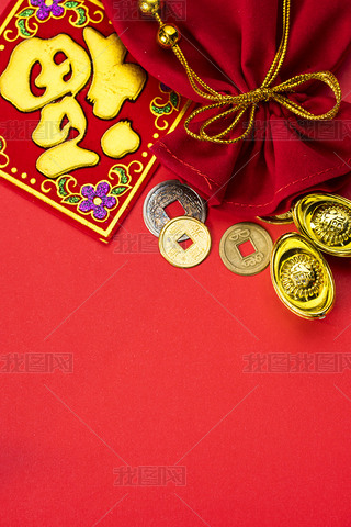 Chinese new year decorations and Auspicious ornaments on red bac