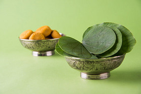 印度节日杜塞赫拉或维贾亚达什米或阿尤德普哈，显示阿普塔叶或紫荆花与传统的印度糖果佩达在银碗