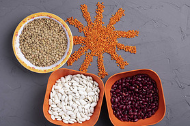 background of beans and seeds. Top view and copy space