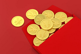 内装金币的红包，红色背景，节日主题，3D渲染