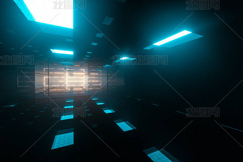黑暗光滑的隧道，顶部闪烁着光芒，幻想场景，3D渲染.