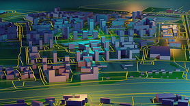 City made of glowing road line light. Skyscrapers. Architectural technology structure. 3d rendering