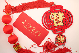 Chinese New Year decorations with white background with assorted festival decorations. Chinese chara