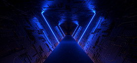 Neon Cyber Blue Glowing Vibrant Sci Fi Futuristic Tunnel Corridor Alien Spacship Dark Night Empty Tr