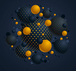 黑黄相间的点缀球体矢量图解，带有圆点的漂亮球体的抽象背景，3D球体设计概念艺术.