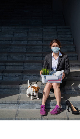 戴着医疗面具的沮丧女人被开除，带着一盒个人物品和一只狗坐在楼梯上。办公室女职员穿着西服和运动鞋.经济危机中的失业.