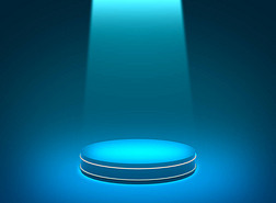 3D蓝光霓虹灯圆柱形讲台最小工作室黑暗背景。摘要三维几何形体图解绘制.技术电子产品的展示.
