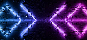 ScFi Futuristic Neon laser Blue Purple Vibrant Glowing Lights Dark Night on Schematic Textured Metal