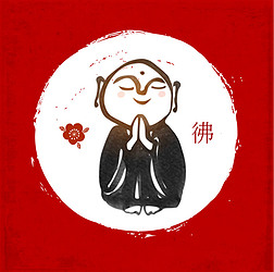 日本菩萨Jizo在红色背景的白色圆圈中祈祷的水墨画。传统的日本水墨画佛像。象形文字的翻译- - buddha.