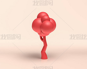 Cloud Tree, monochrome flat red color 3D Icon on light background, 3d Rendering for web