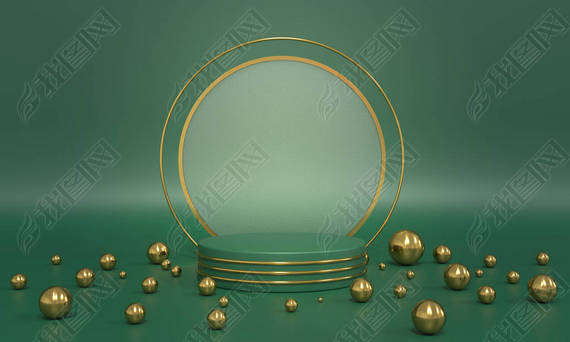 Podium, green background stand with golden balls, spheres and glass round. Premium background for ad