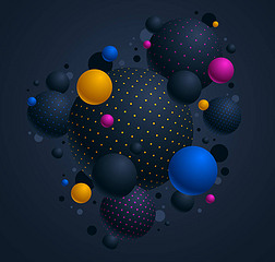 抽象的黑色和彩色点缀球体矢量背景，点缀飞行球的组成，三维混合球体