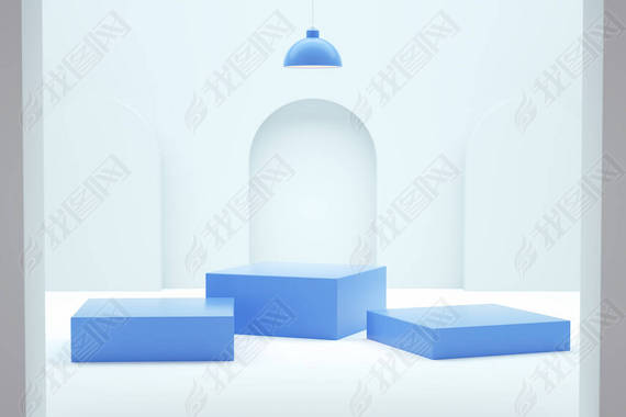 Three blue square podiums on a neutral background for a product display in 3D rendering. Realistic p