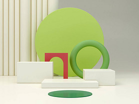 Minimal podium to show a product with geometrical forms in green, cream and pink colors. Abstract co