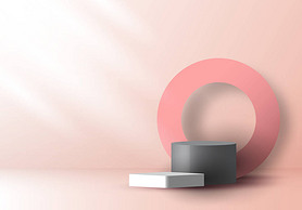 3D realistic pink and gray color geometric round shape stacked podium and circle backdrop with side 