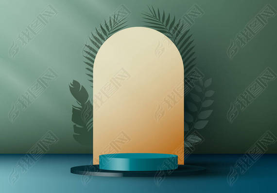 3D realistic elegant blue cylinder on layers rounded backdrop with tropical leaves on green backgrou
