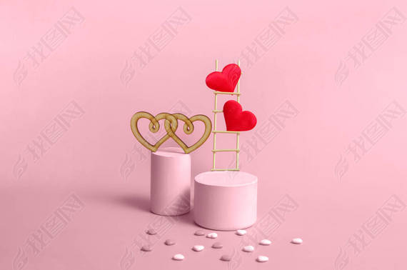 Podium with wooden stairs and hearts on a pink background, monochrome. Celebrating Valentine's Day w