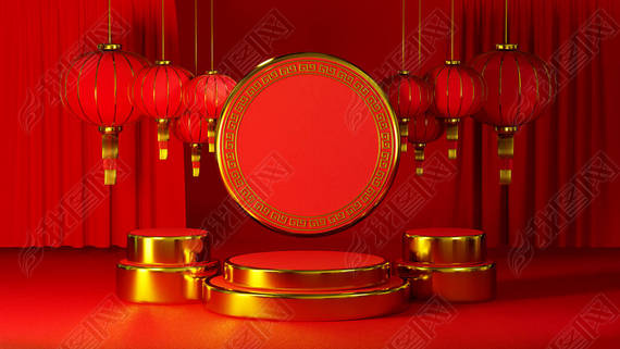 3D rendering of podium chinese new year for theme product display, red and gold background.