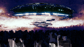 UFO invasion in the middle of the city (3d rendering)