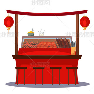 Asian food counter. Outdoor restaurant with fried fish, crab, shrimp, noodles. Vector isolated illus