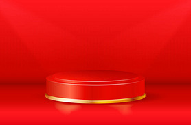 Empty red-gold glowing round podium on red background - vector illustration