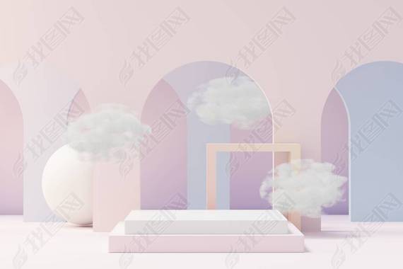 3d Beauty premium pedestal product display with Dreaming land and fluffy cloud. Minimal pastel sky a
