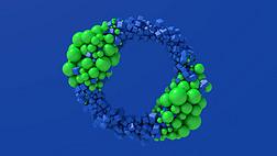 Abstract circle shape. Blue cubes and green balls. Blue background. 3d render.