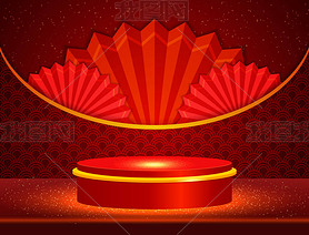 Vector Chinese new year illustration with stage and asian elements on red shine background