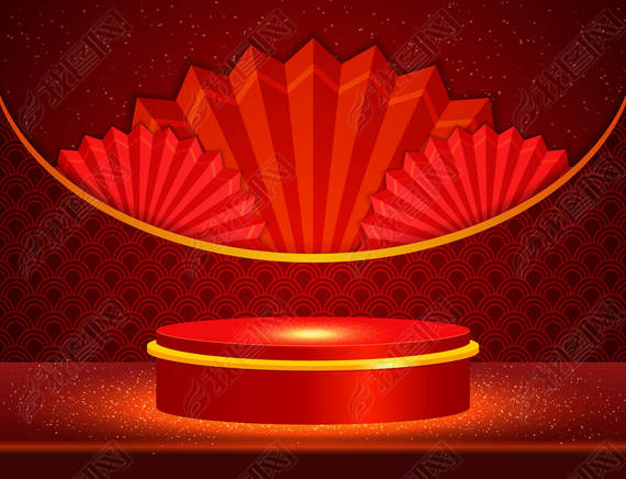 Vector Chinese new year illustration with stage and asian elements on red shine background