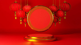 3D rendering of podium chinese new year for theme product display, red and gold background.