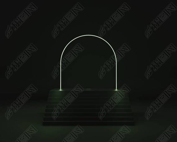 Minimalism empty product showcase platform with staircase podium and arch neon light tube 3D renderi