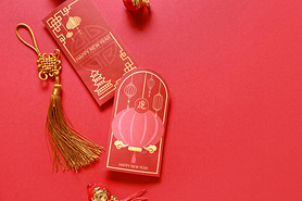 Red envelopes on color background. New Year celebration