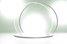 3d render of silver podium on a gray green background with white neon arch ring and light circles