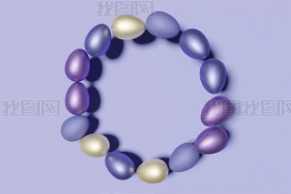 3d render of pastel colored Easter eggs wreath on a violet color of the year 2022 background
