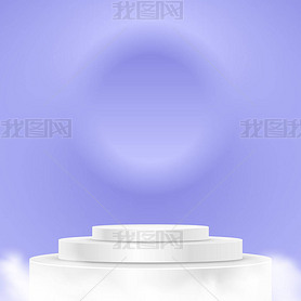 Blue background with a product podium surrounded by smoke. Smoke, fog, steam background. Vector illu