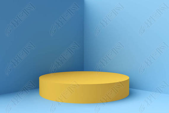 Round pedestal or podium in blue corner. Colorful minimal exhibition concept design. Abstract modern