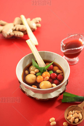 Wedang Ronde, Chewy Round Cake Filled with Caramelized Peanuts with Warm Ginger Drink or Palm Sugar 