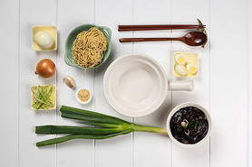 Food Knolling Asian Noodle, Flat Lay Concept Ingredients of Jajangmyeon or Jjajangmyeon, Korean Nood
