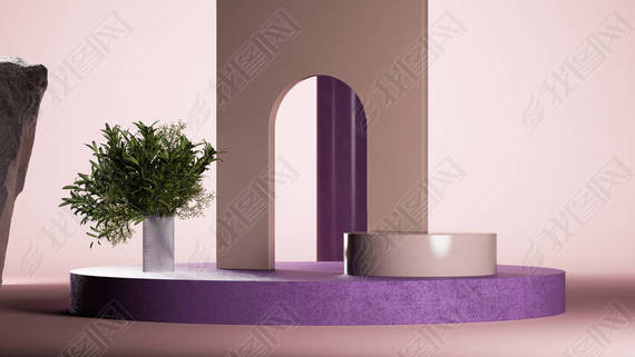 Big round podium with tall brown arc and green plant. Minimal design. 3d rendering.