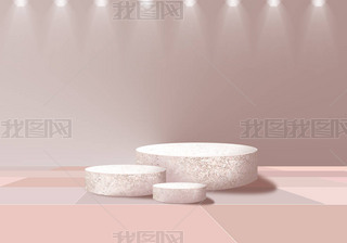 White stone group podium. Cosmetic display product stand on brown and beige background. 3D rendering