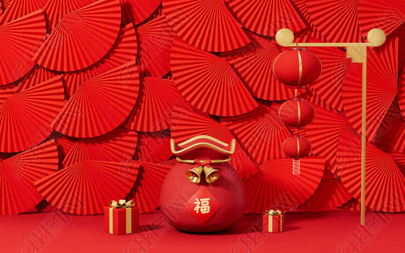 Lucky bag with red fans background, translation blessing, 3d rendering. Computer digital drawing.